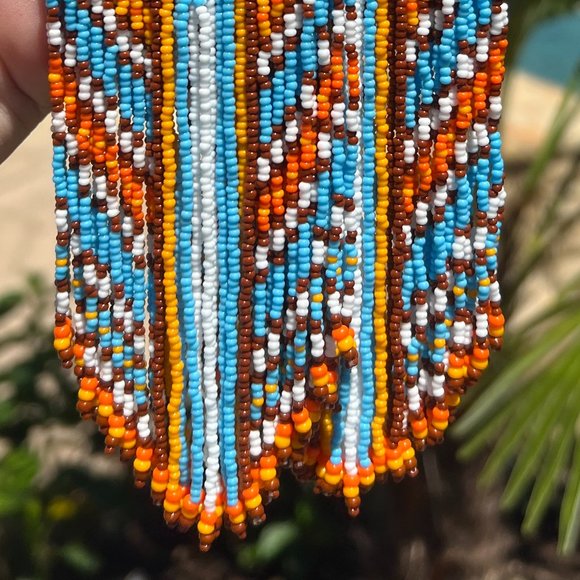 Native American Style Earrings Handmade Beaded Long Fringe Southwest Dangles - Picture 5 of 9